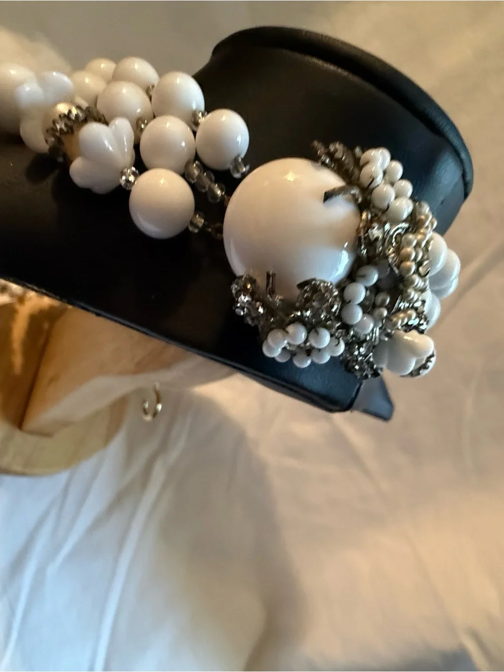 Miriam Haskell White Beaded Multi-Strand Necklace with Rhinestone Spacers